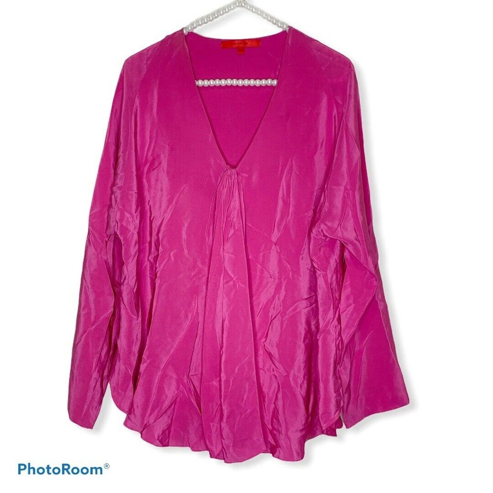 Shamask hot pink long sleeve asymmetrical silk blouse size 3